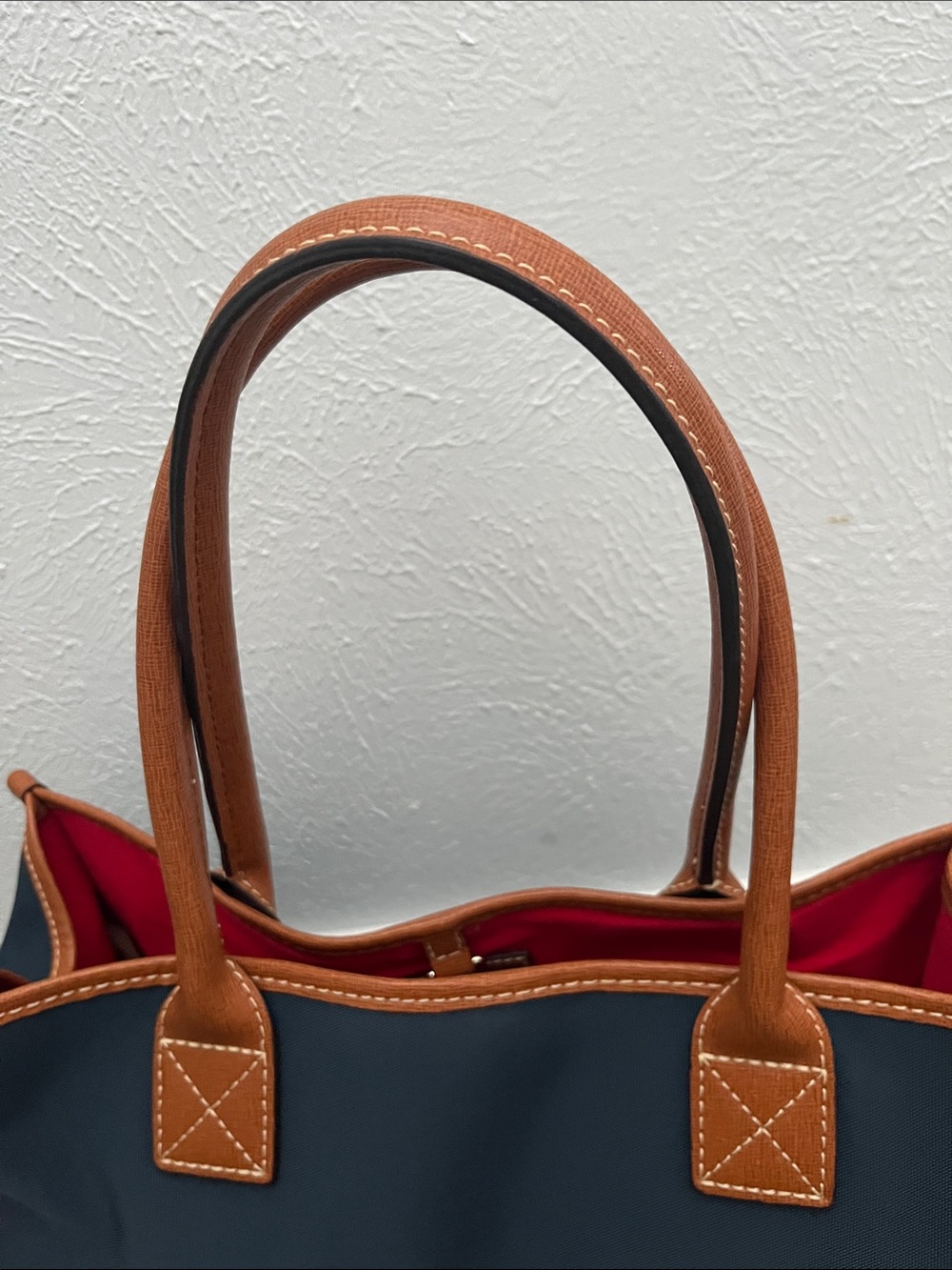 Dooney & Bourke Navy Tote with Tan Leather Trim and Red Interior - Picture 5 of 10